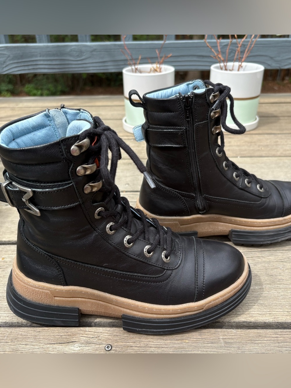 MAG Black Leather Lace-Up Platform Combat Boots with Tan Sole